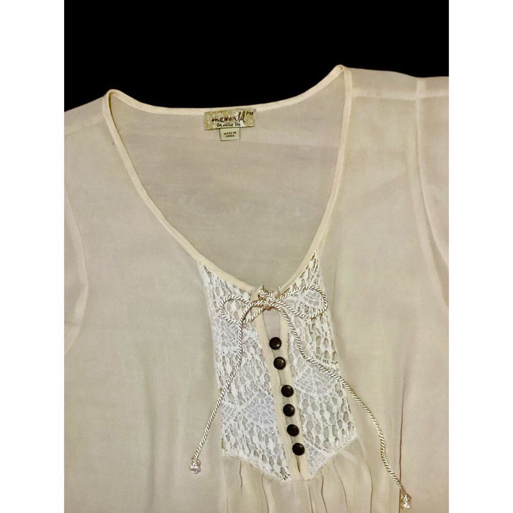 One World Women’s Silky Cap Sleeve Cream Boho Blouse Size S - Picture 2 of 5